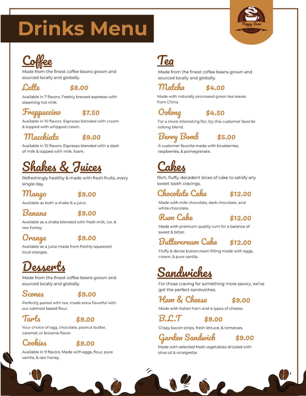 Downloadable Cafe-Coffee Shop Menu Template - Edit Online & Download