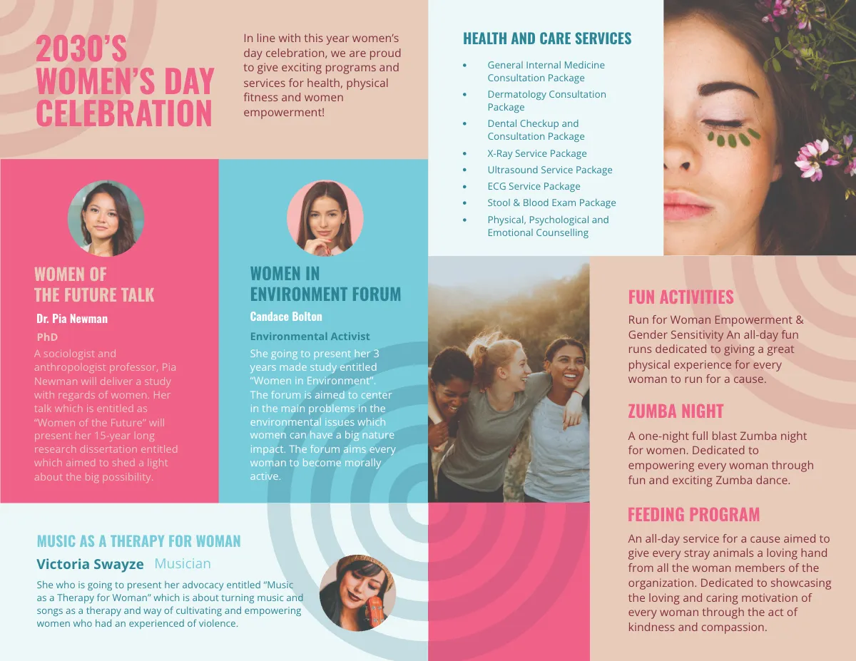 Free Women's Day Bi-Fold Brochure Template to Edit Online