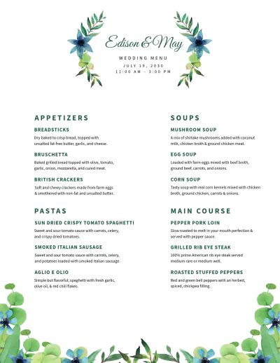 Free Choice Wedding Menu Template to Edit Online