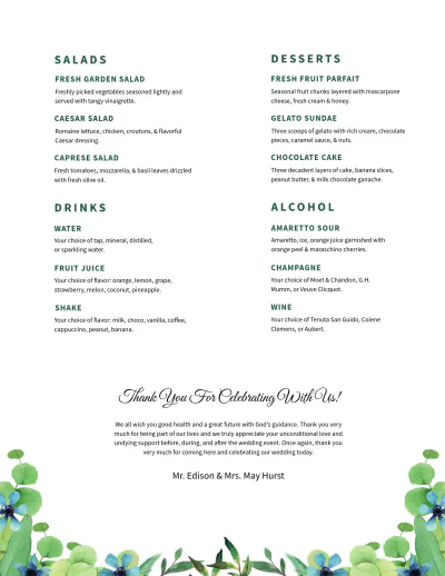 Free Choice Wedding Menu Template to Edit Online