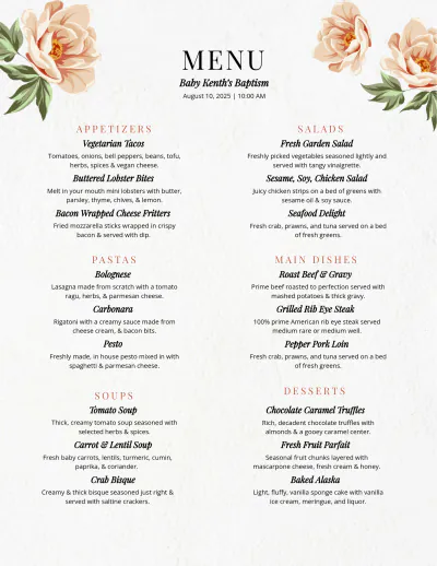 Free Downloadable Baptism Menu Template to Edit Online