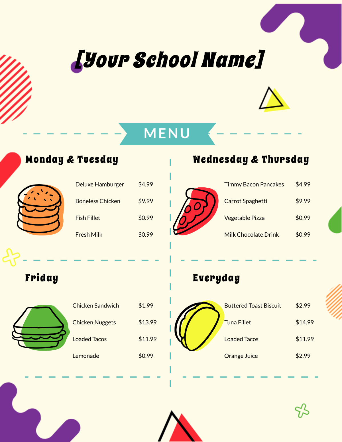 Elementary School Menu Template - Edit Online & Download