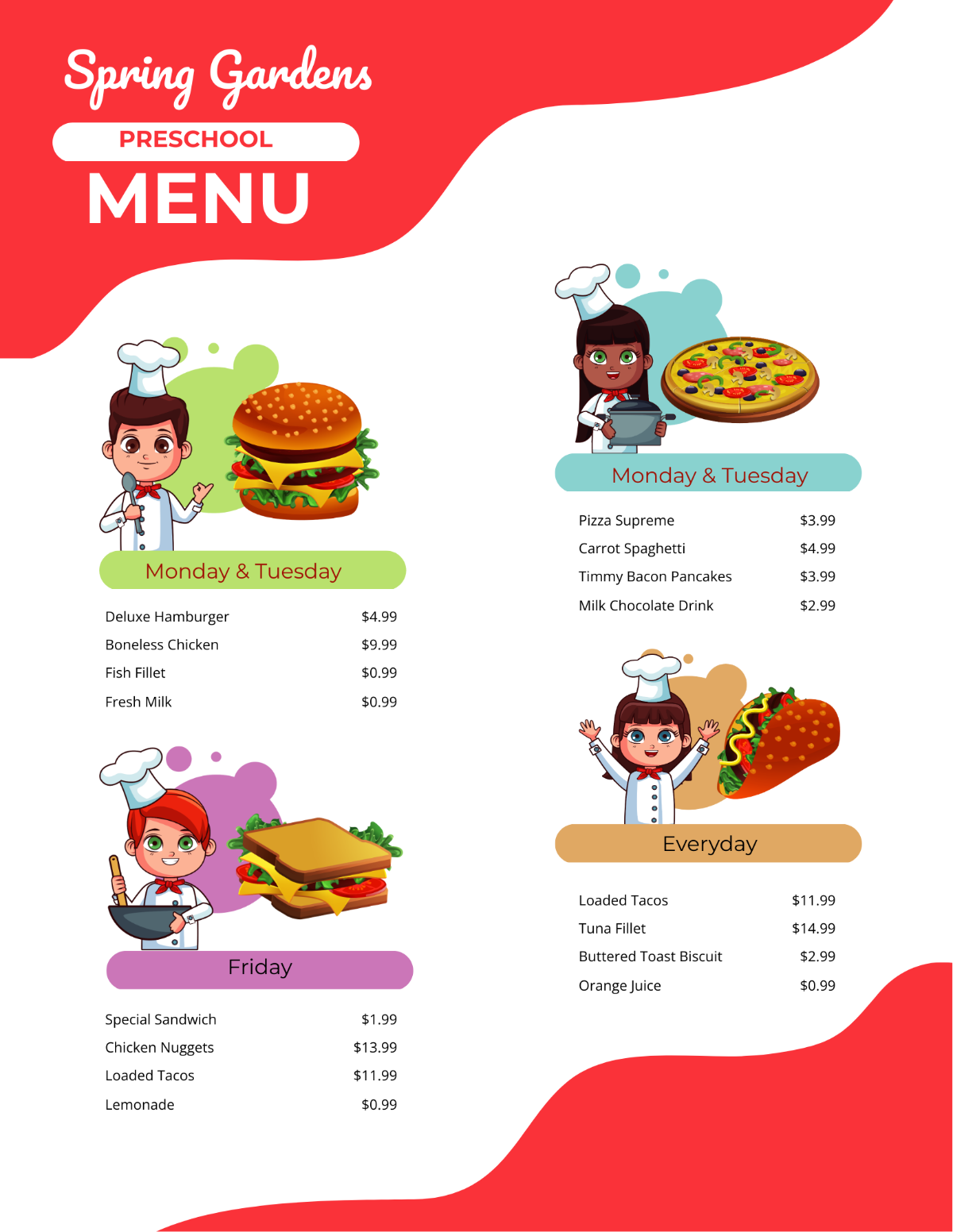 Pre School Menu