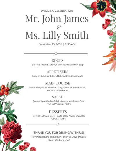 Free Printable Wedding Menu Template to Edit Online