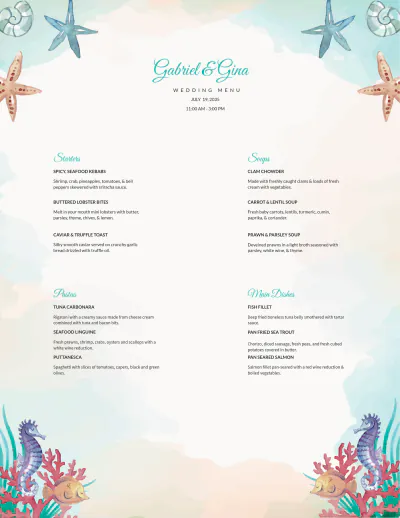 Free Beach Wedding Menu Template to Edit Online