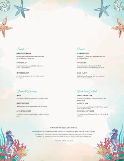 Free Beach Wedding Menu Template to Edit Online