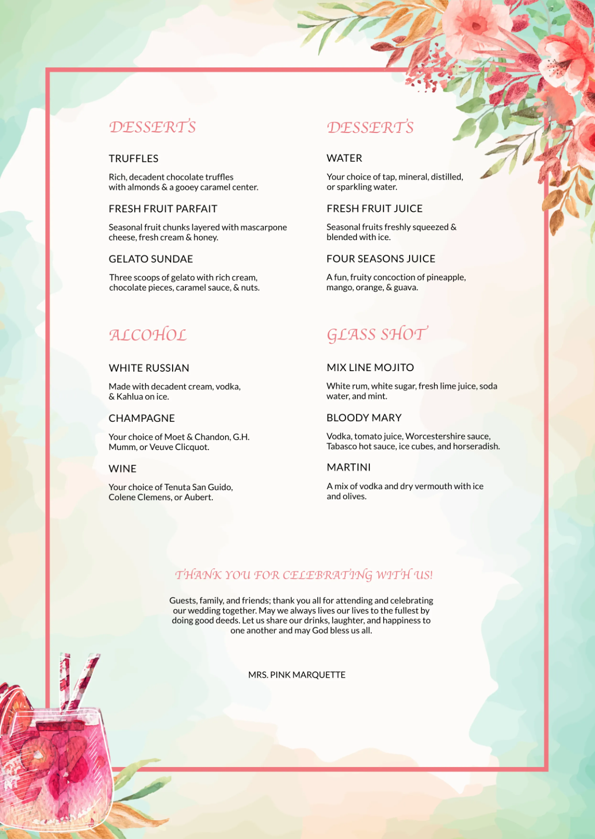 Free Cocktail Wedding Menu Template to Edit Online