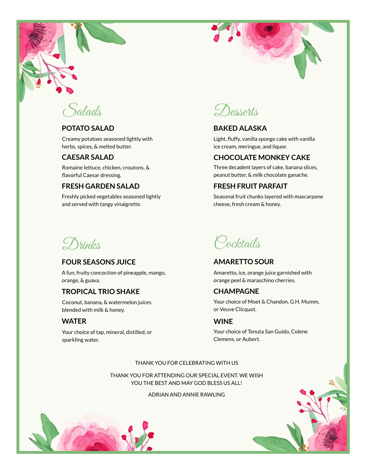 Free Thankyou Wedding Menu Template to Edit Online