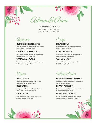 Free Thankyou Wedding Menu Template to Edit Online