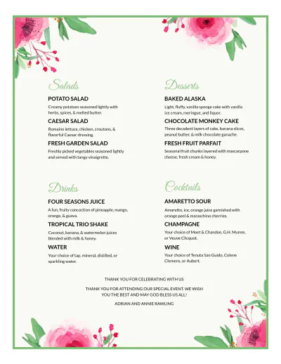 Free Thankyou Wedding Menu Template to Edit Online