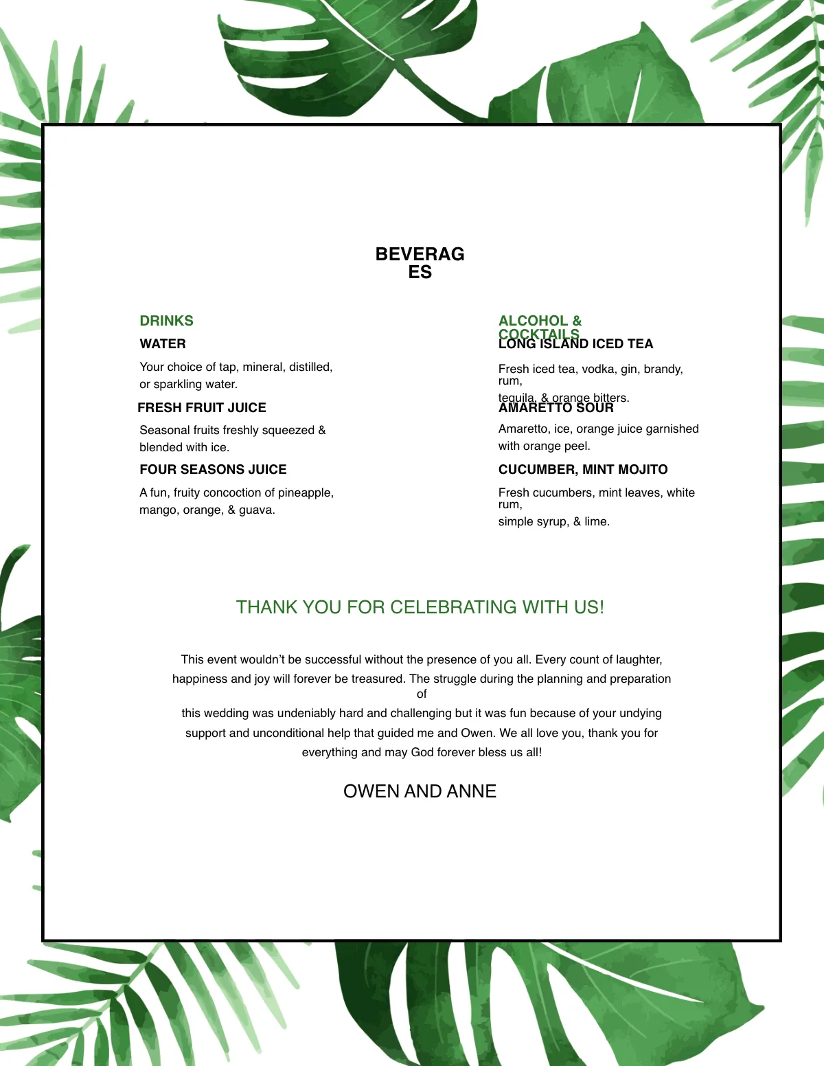 Free Tropical Wedding Menu Template to Edit Online