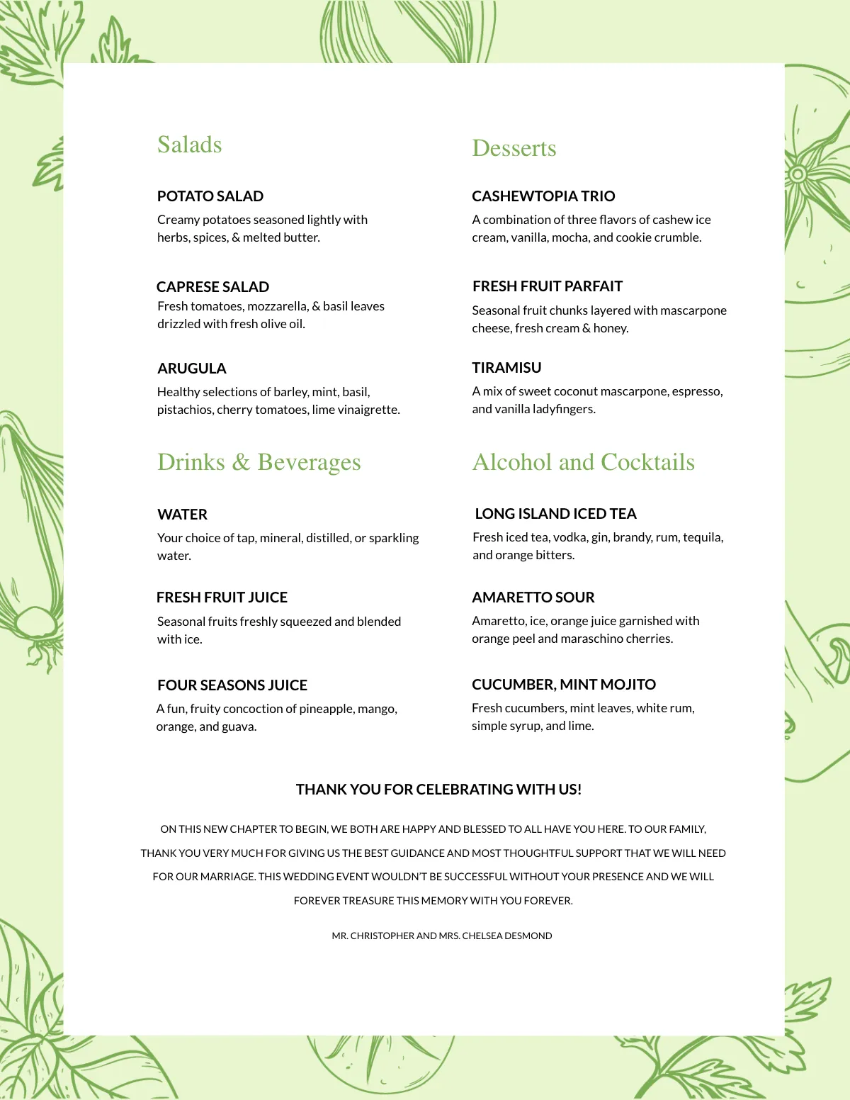 Free Vegetarian Wedding Menu Template to Edit Online