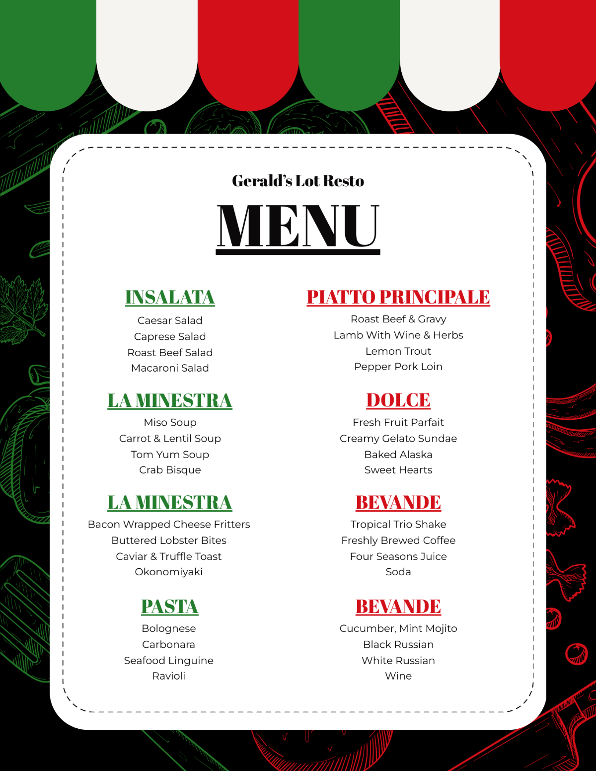 Italian Dinner Menu Template