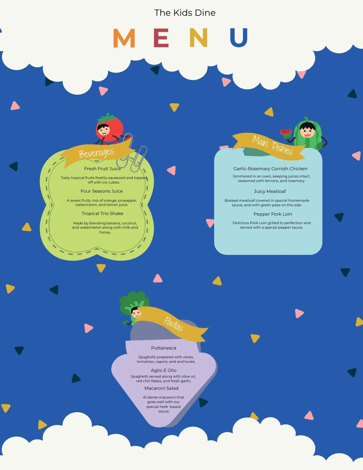 Free Kids Dinner Menu Template to Edit Online