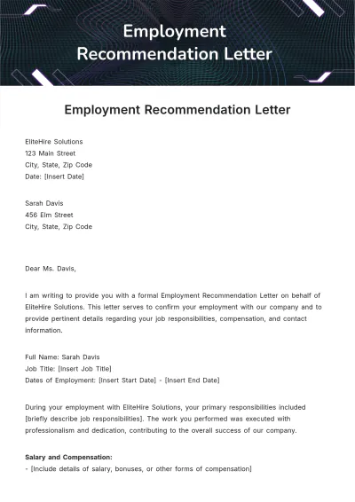 Free Employment Recommendation Letter Template to Edit Online