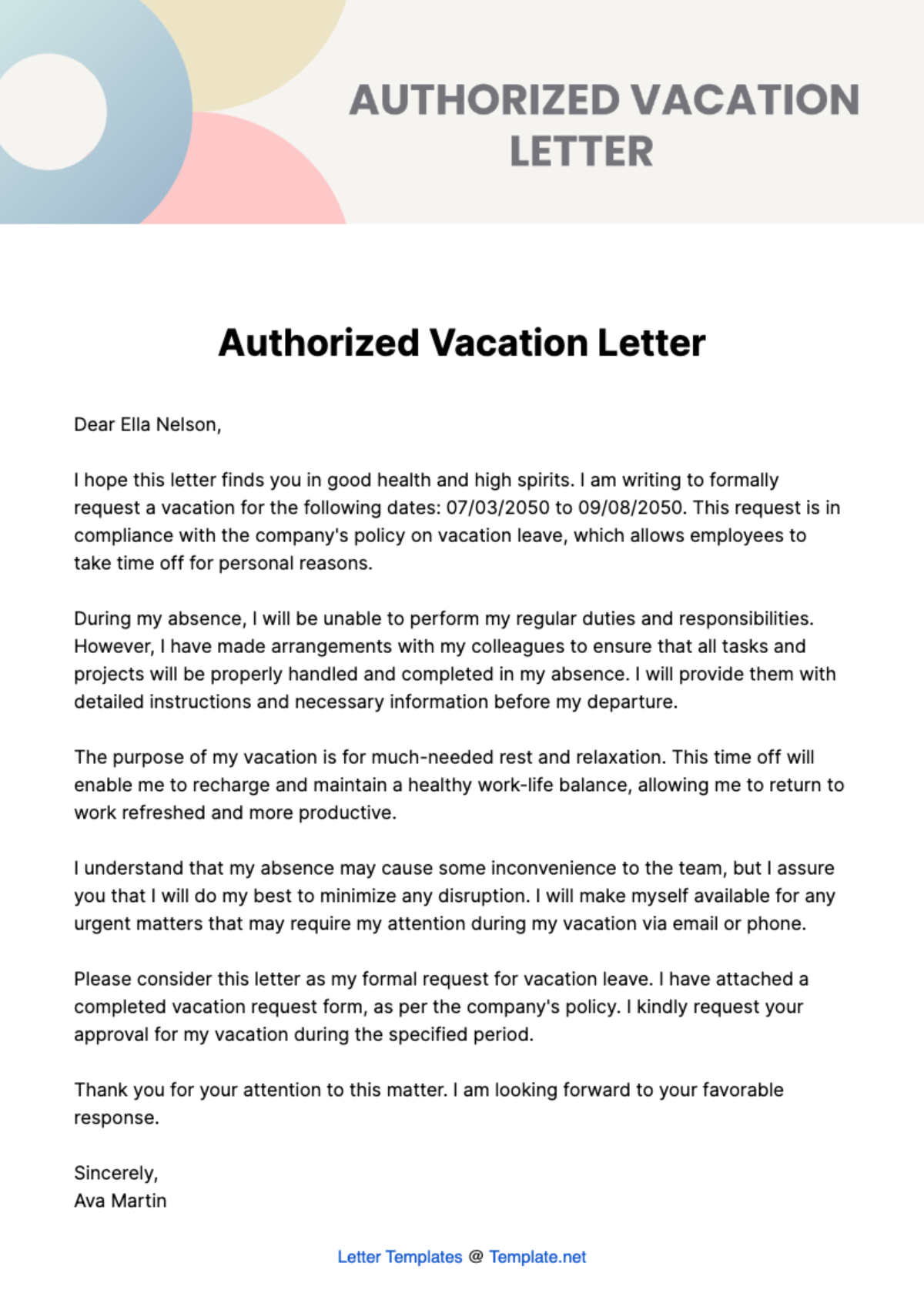 Free Authorized Vacation Letter Template