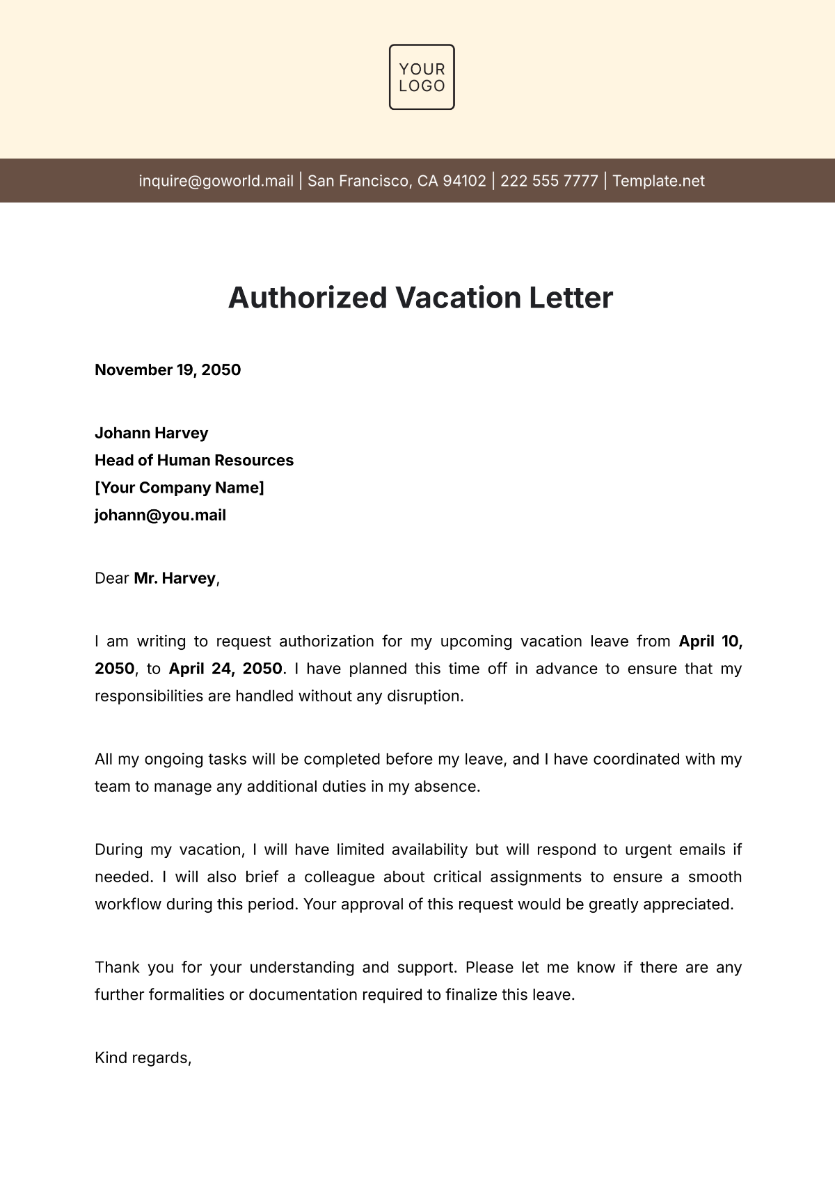 Authorized Vacation Letter Template - Edit Online & Download