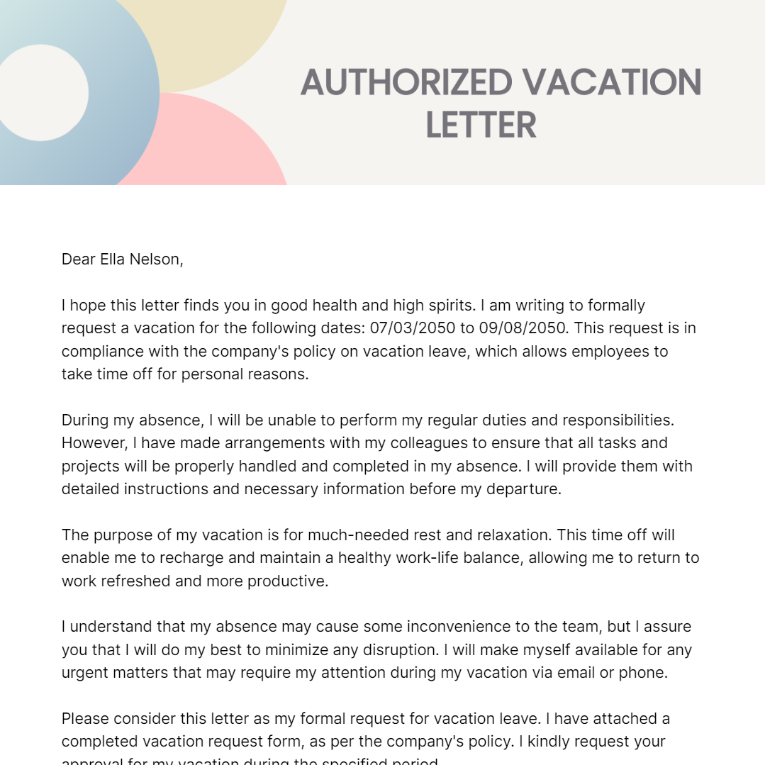 Authorized Vacation Letter Template