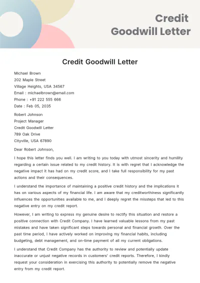 Free Credit Goodwill Letter Template to Edit Online