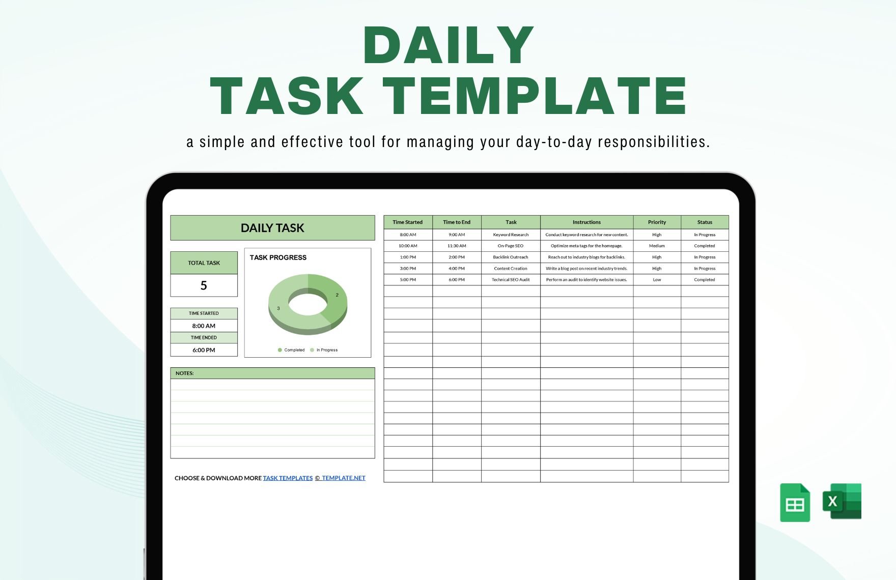 Free Daily Task Template in Excel, Google Sheets