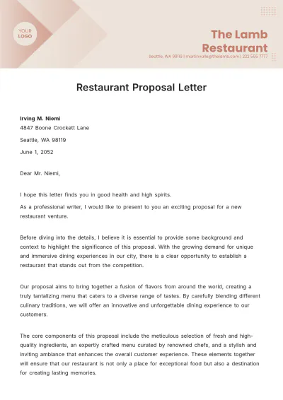 Free Restaurant Proposal Letter Template to Edit Online