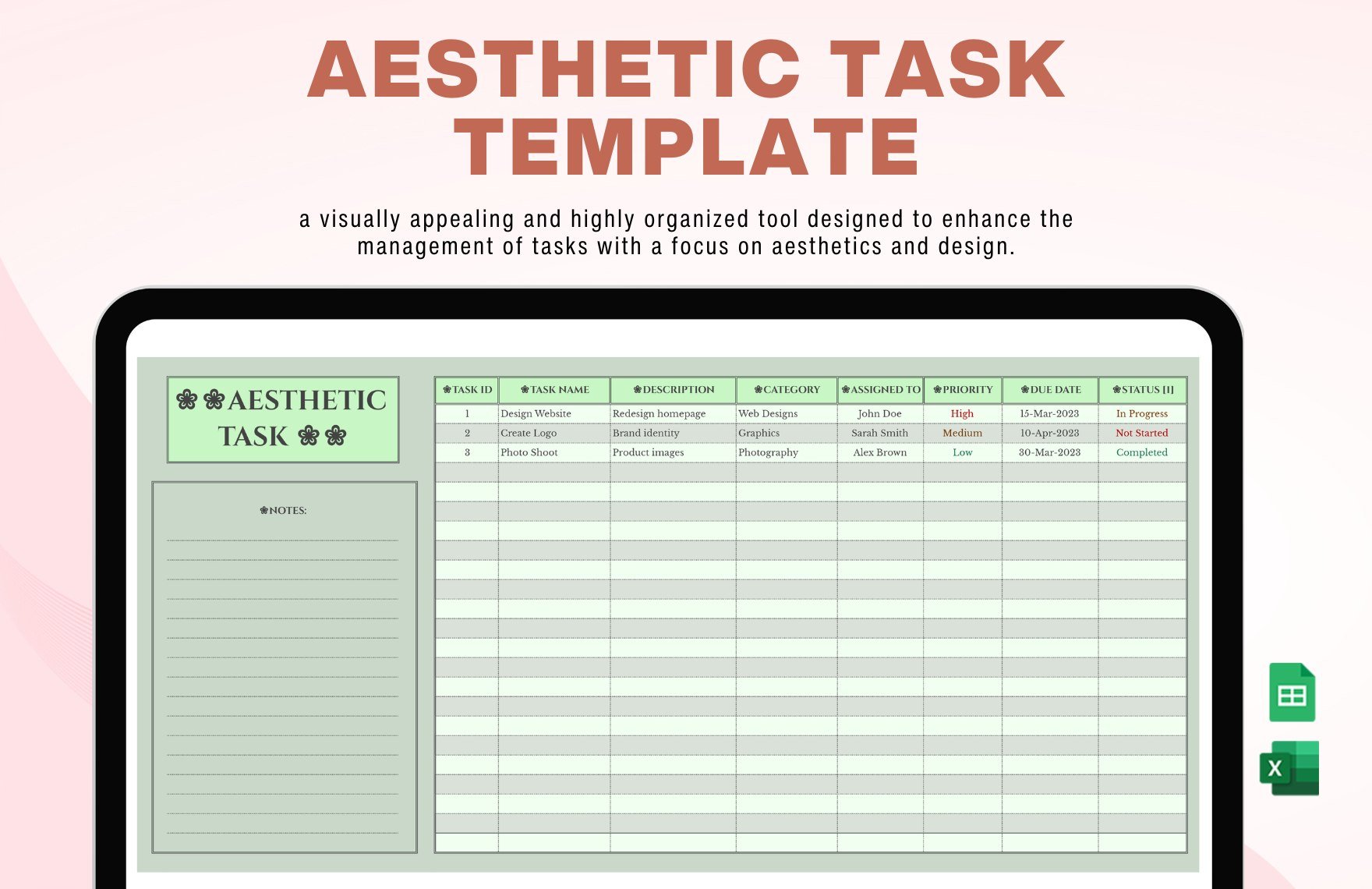 Free Aesthetic Task Template in Excel, Google Sheets