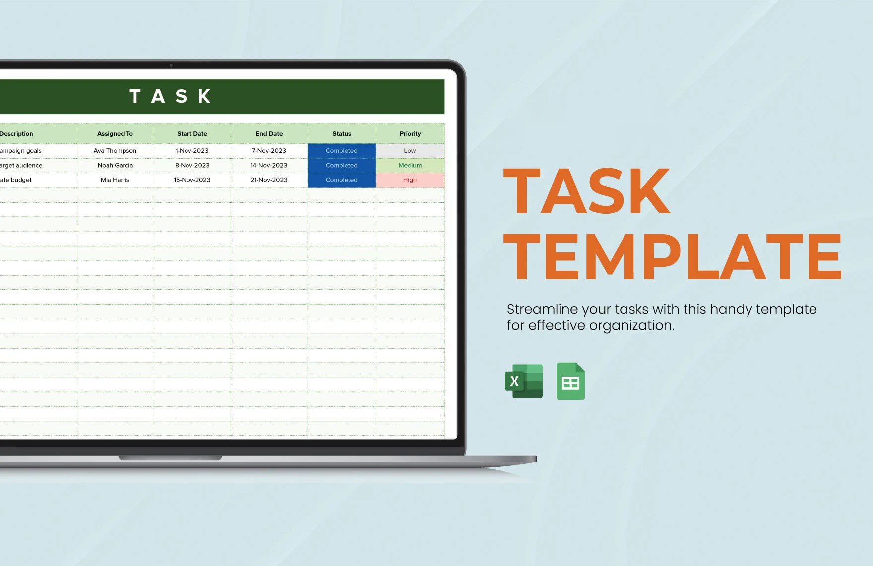 Free Task Template in Excel, Google Sheets