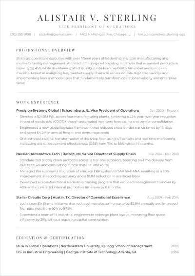 Free Vice President Of Operations ATS Resume Template