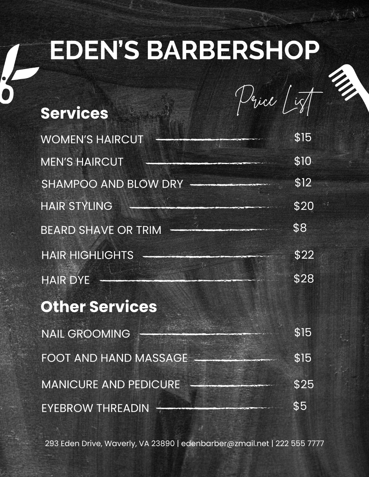 Chalkboard Barber Price List