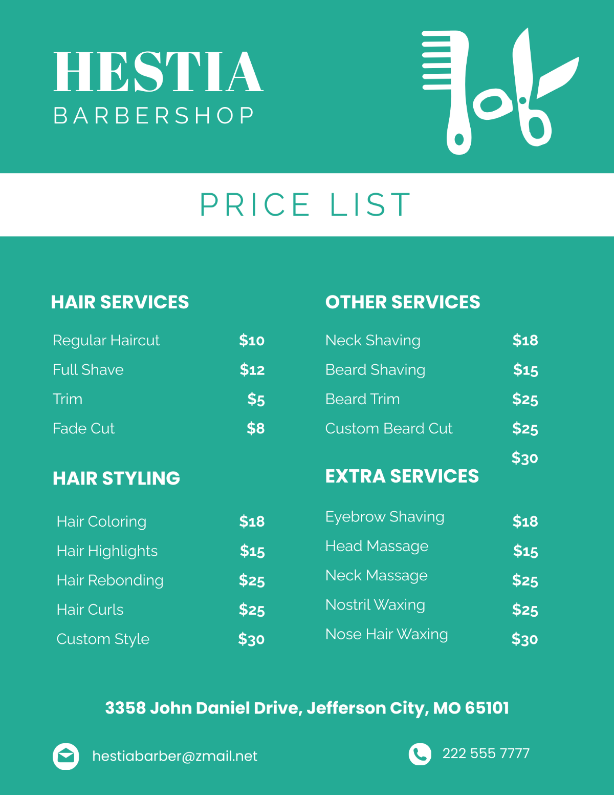 Barber Service Price List Template