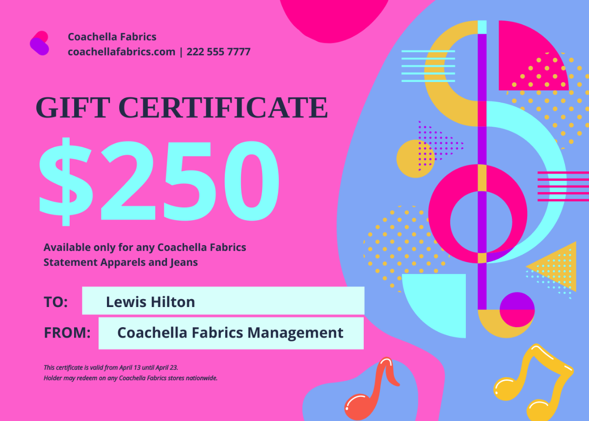 Free Coachella Gift Certificate