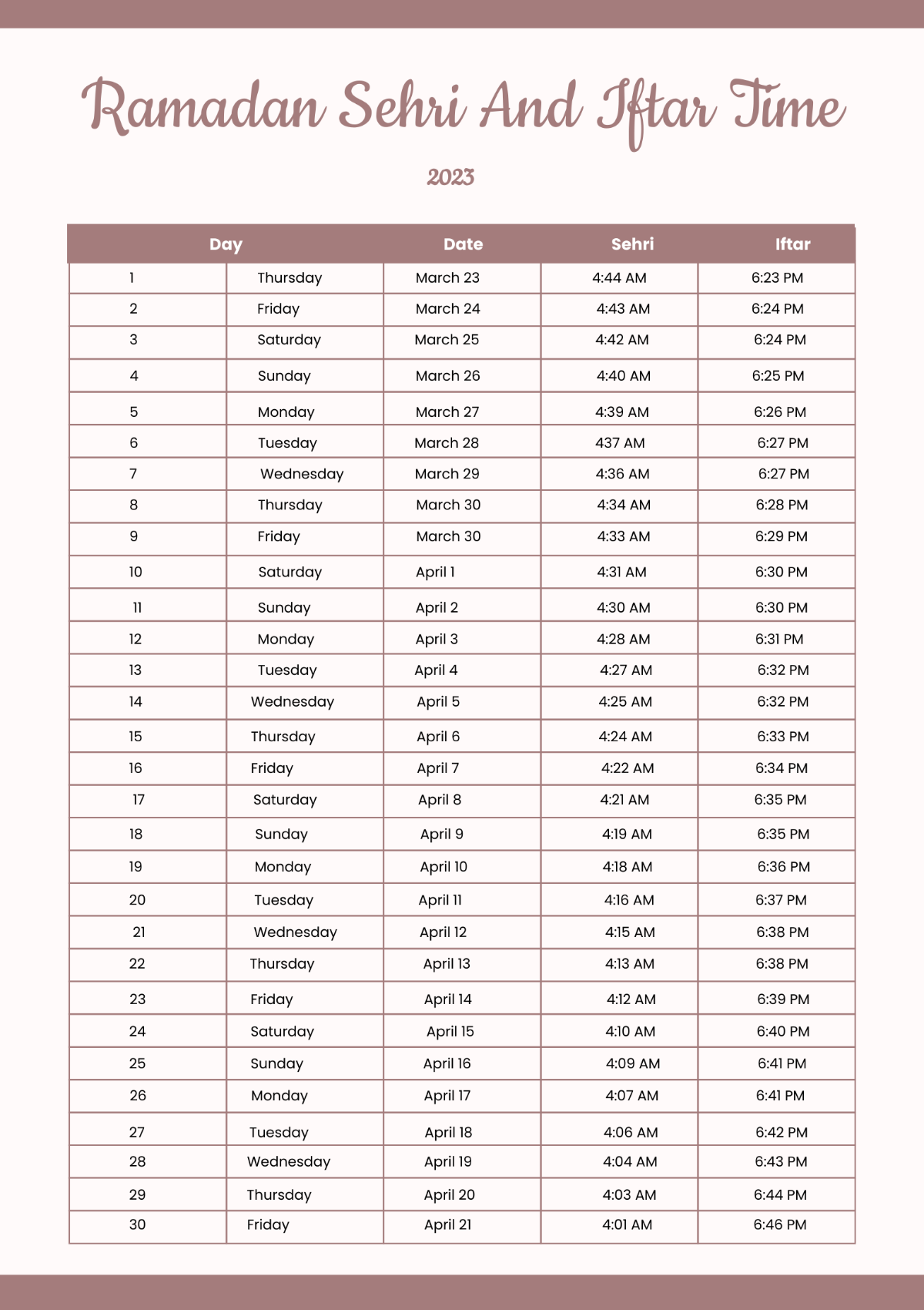 Free Ramadan Sehri and Iftar Time Chart Template