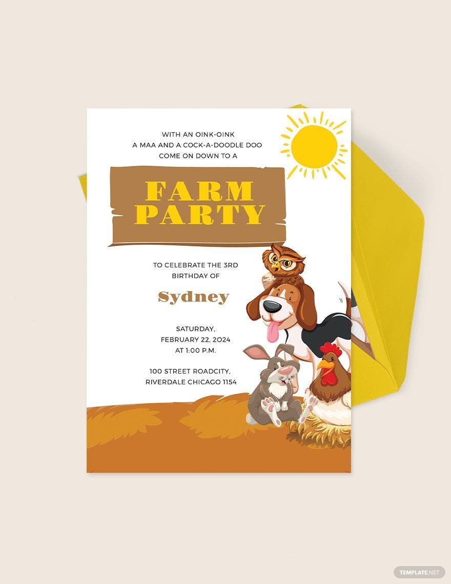 Farm Party Invitation Template - Illustrator, Word, Outlook, Apple Pages,  PSD, Publisher 