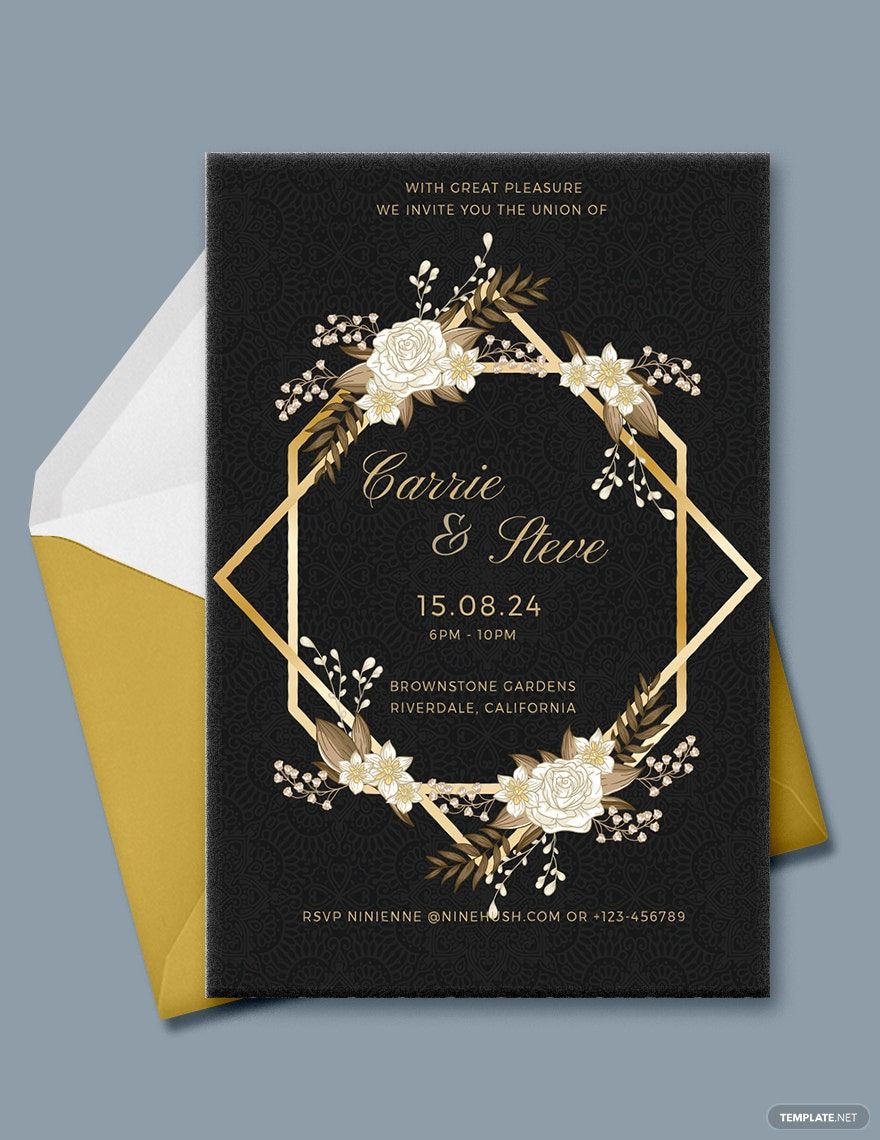 Gold Wedding Invitation Template Illustrator, Word, Apple Pages, PSD