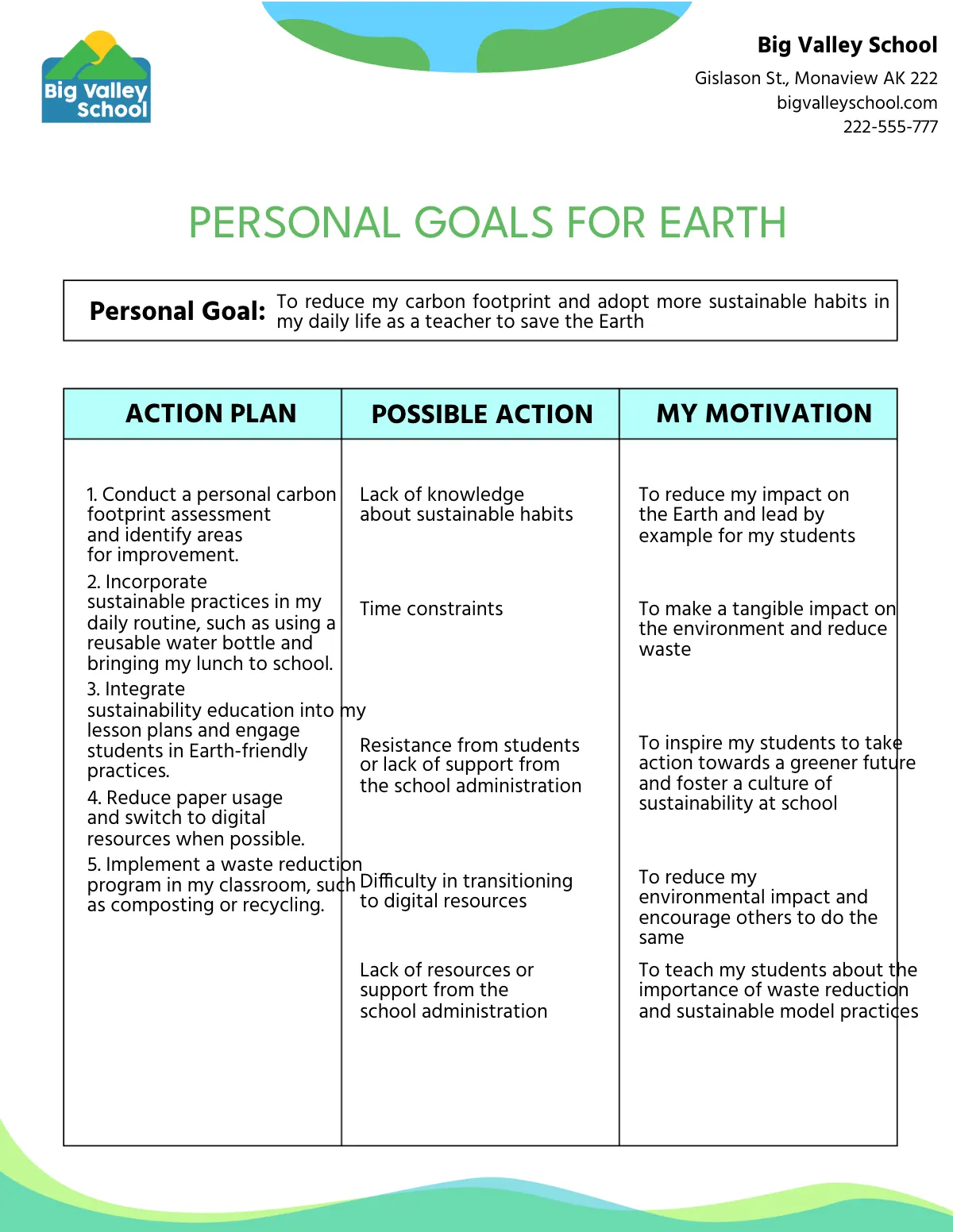 Free Earth Goals Template to Edit Online
