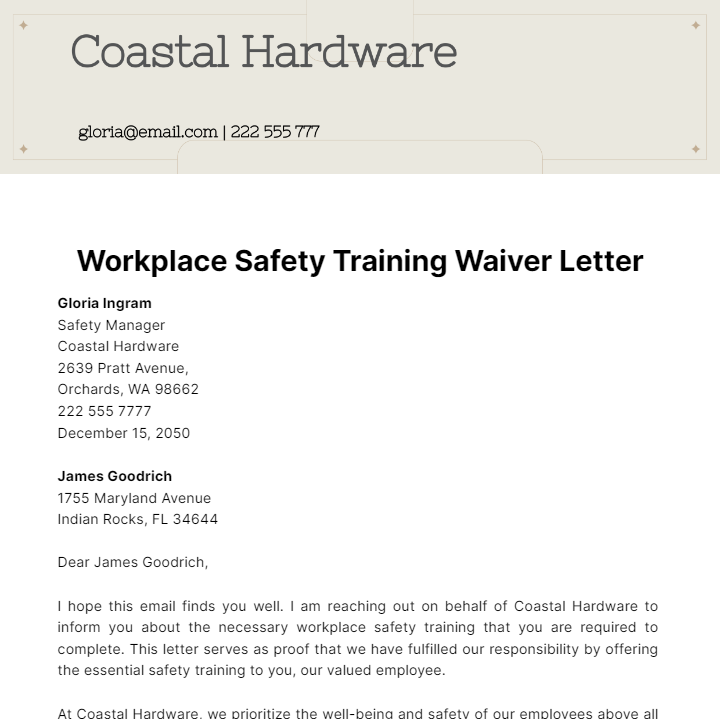 Workplace Safety Training Waiver Letter Template