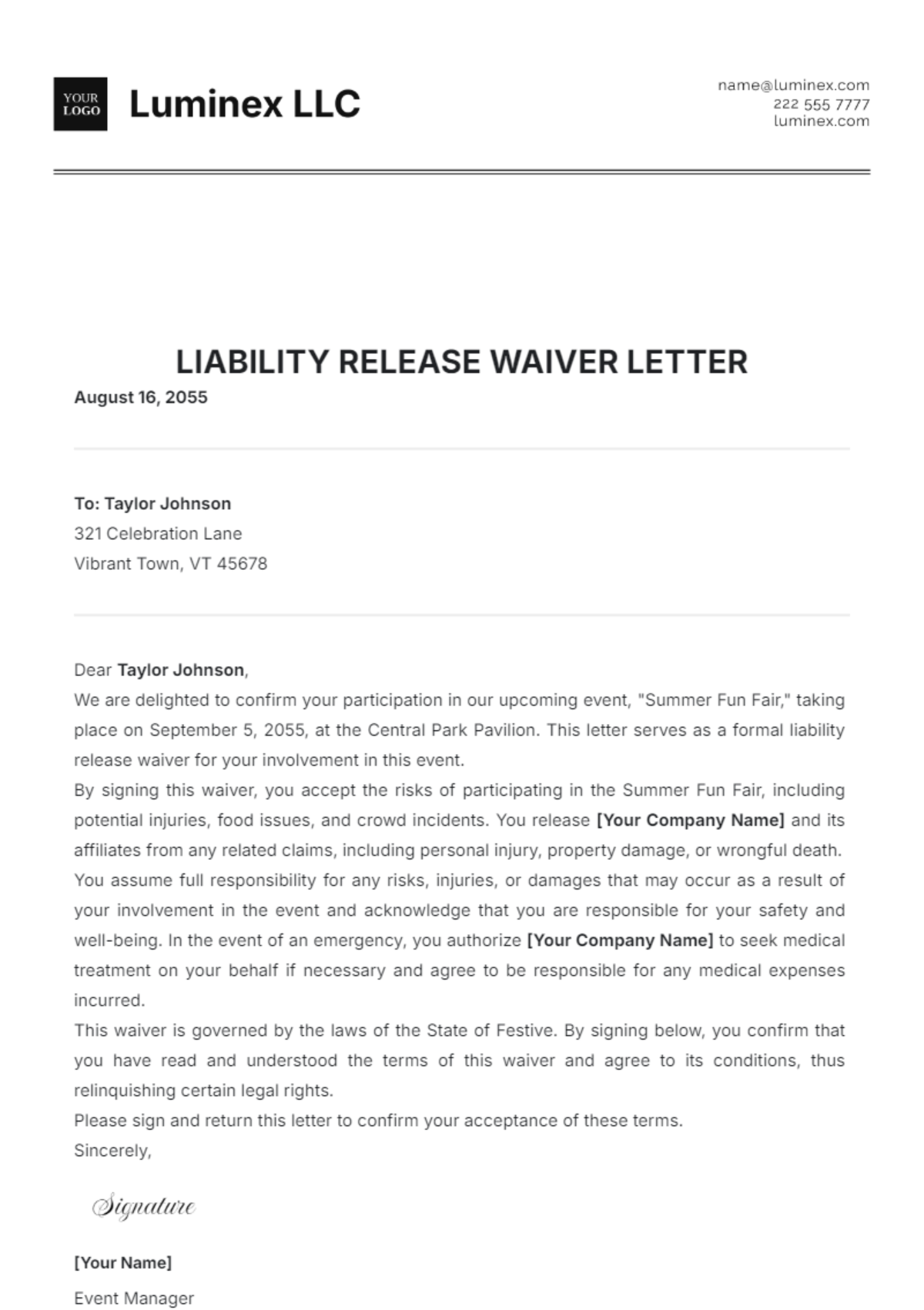 Liability Release Waiver Letter Template - Edit Online & Download