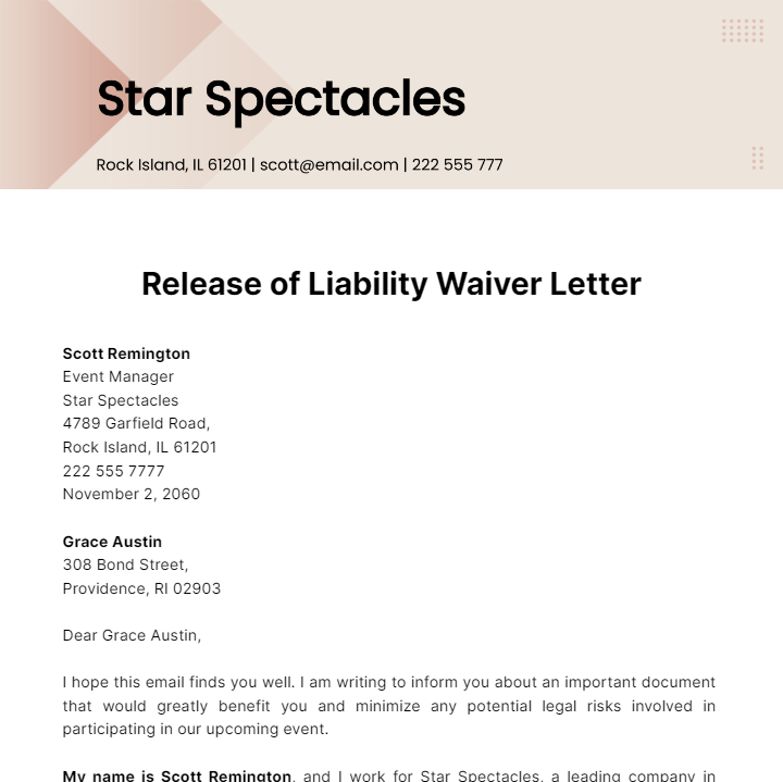 Release of Liability Waiver Letter  Template