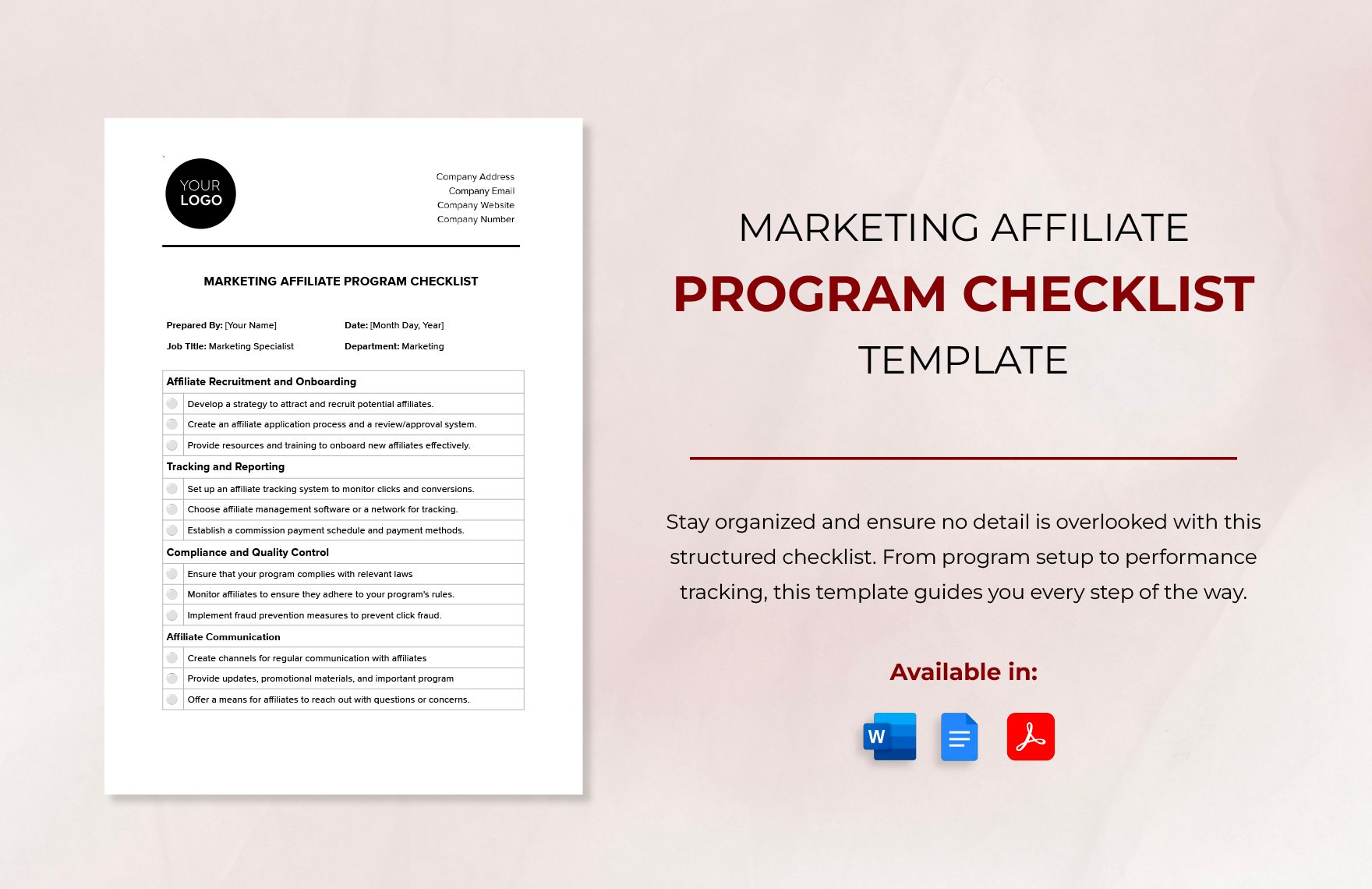 Marketing Affiliate Program Checklist Template in Word, Google Docs, PDF