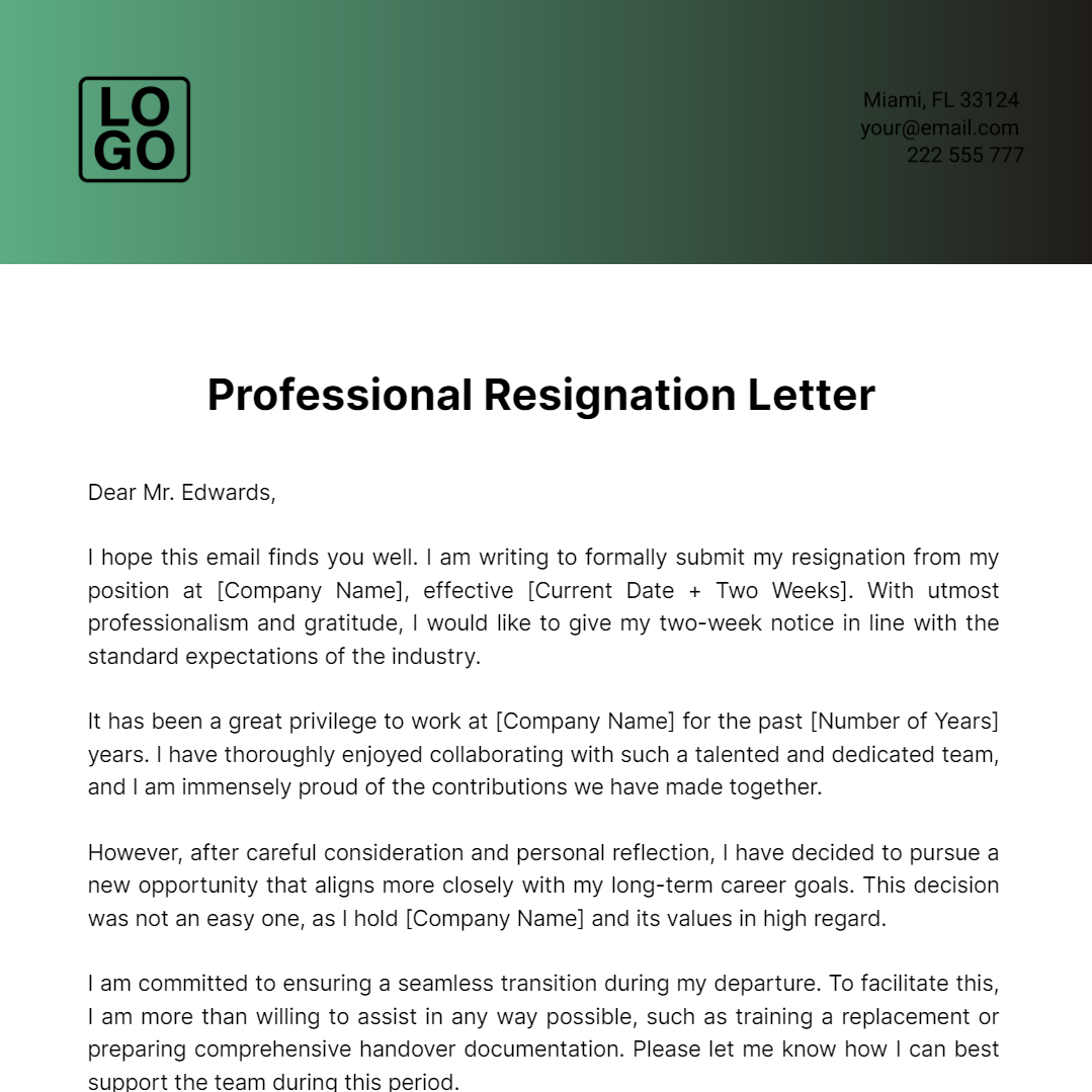 Professional Resignation Letter (Two Weeks Notice)  Template