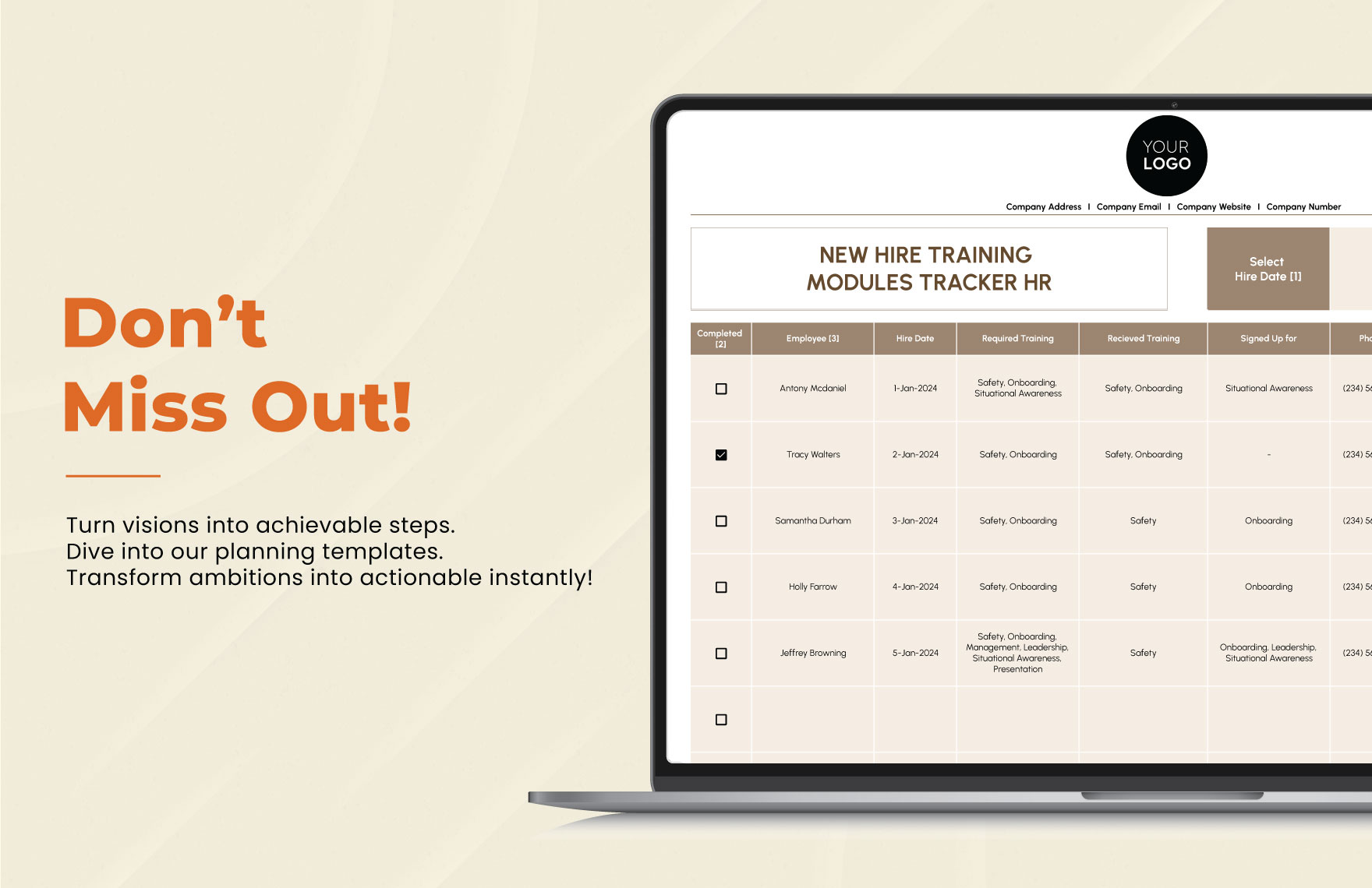 New Hire Training Modules Tracker HR Template