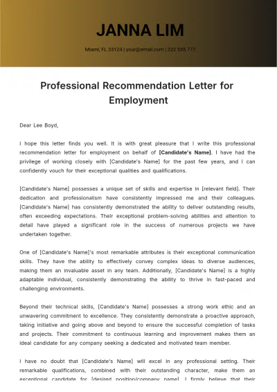 Free Professional Recommendation Letter for Employment  Template to Edit Online