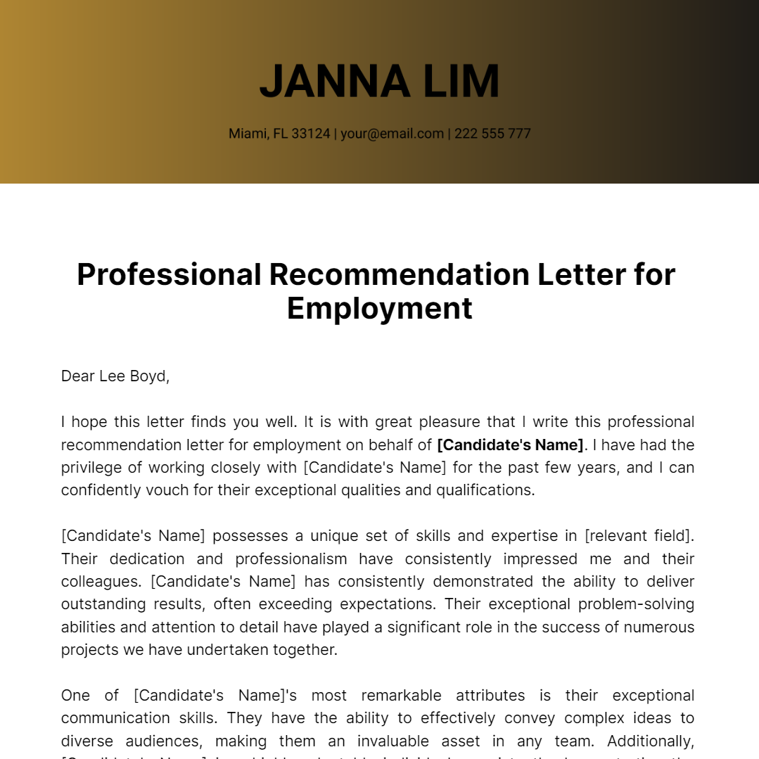 Professional Recommendation Letter for Employment  Template