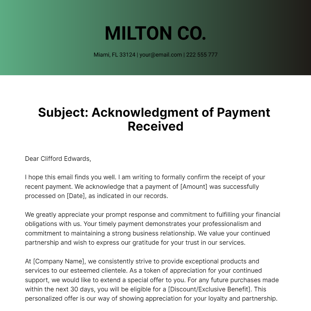 Professional Acknowledgment of Payment Letter  Template