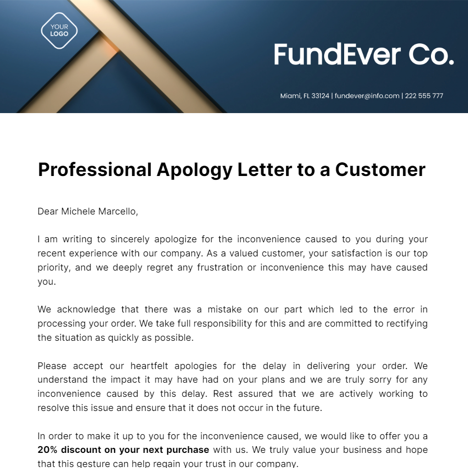 Professional Apology Letter to a Customer  Template