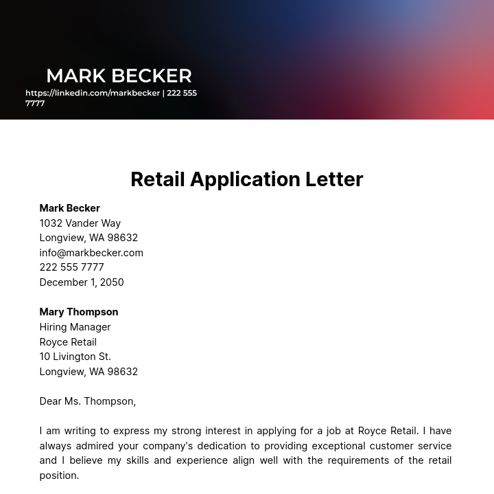 Retail Application Letter  Template