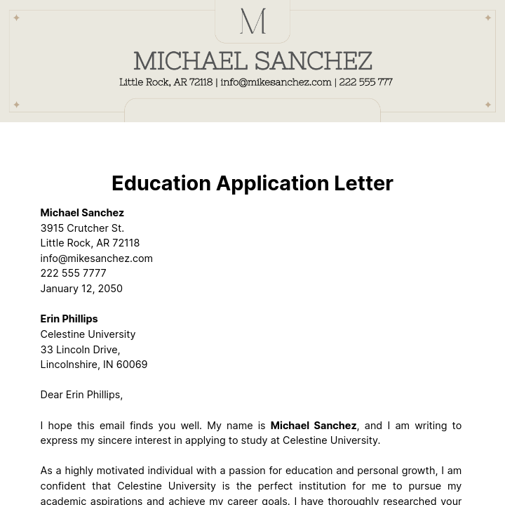 Education Application Letter  Template