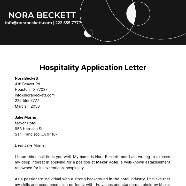 Hospitality Application Letter  Template
