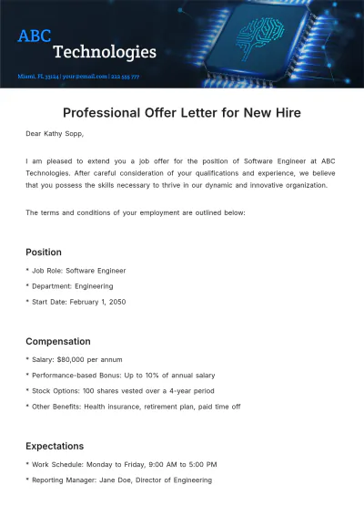 Free Professional Offer Letter for New Hire  Template to Edit Online