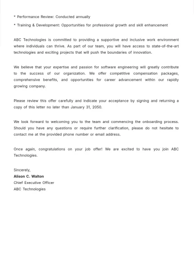 Free Professional Offer Letter for New Hire  Template to Edit Online